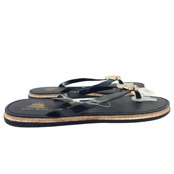 Aloha Island Women's Black and Gold Glitter Rhinestone Seahorse Flip Flops - Picture 3 of 7